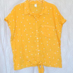 Old Navy - Yellow Linen Tie Front Blouse with Daisy Print, XL
